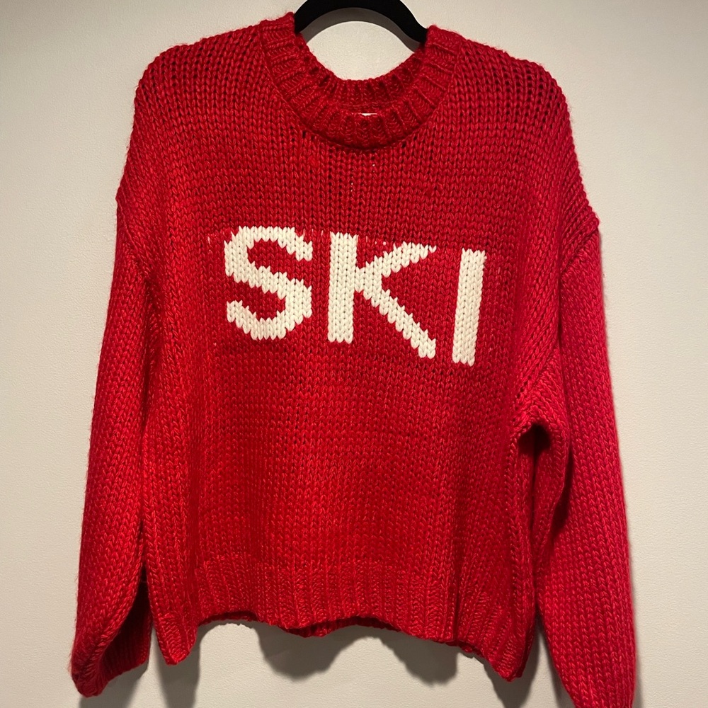 Vibrant Red Knit Sweater with White 'SKI' Design. Size Medium
